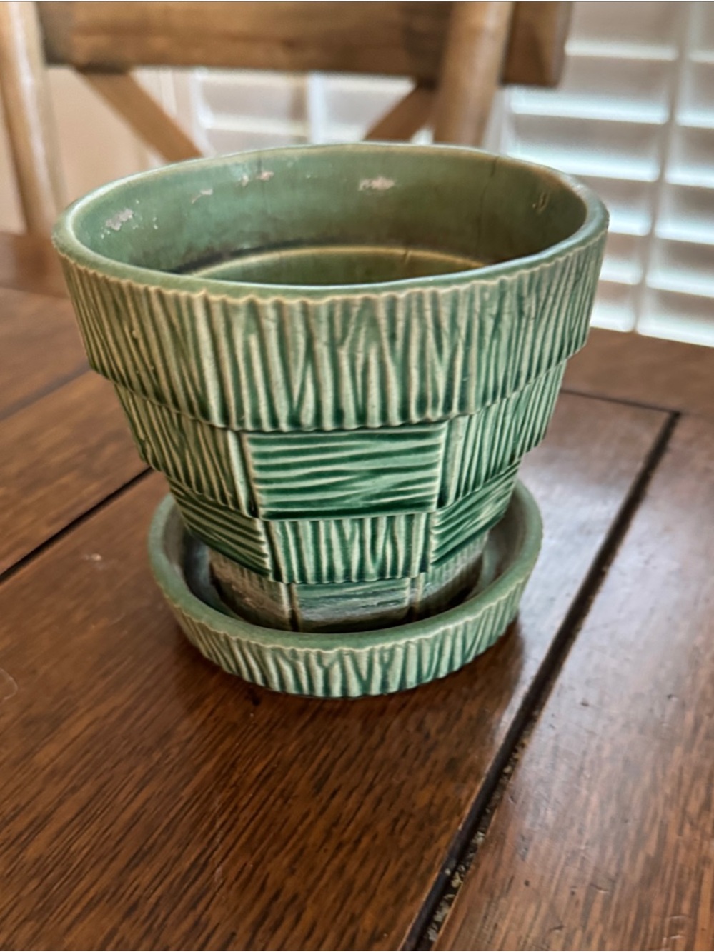 Vintage McCoy Green Basketweave Flower Pot